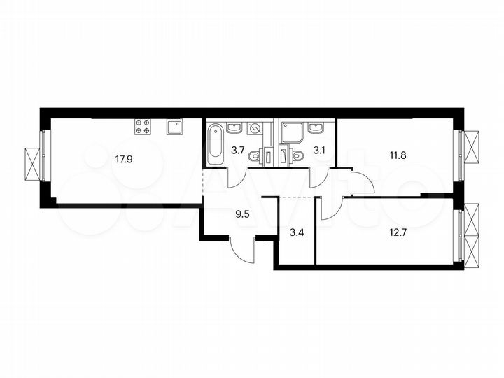 2-к. квартира, 62,1 м², 9/9 эт.