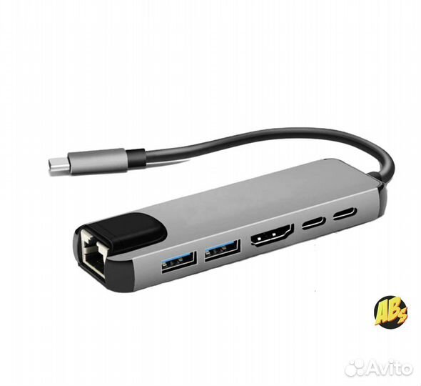 USB-C Адаптер 6в1 с зарядкой, на USB, hdmi, LAN