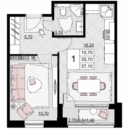1-к. квартира, 37,1 м², 2/12 эт.