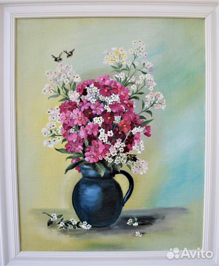Картина маслом на холсте, цветы, белая рама