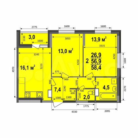 2-к. квартира, 58,4 м², 16/17 эт.