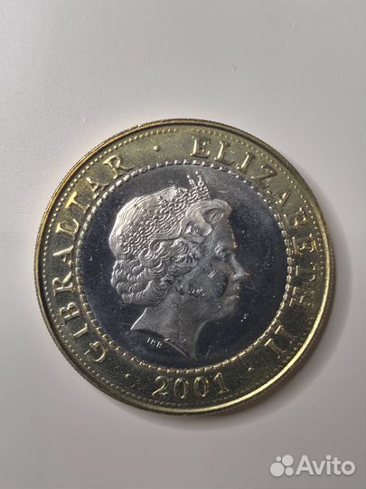 2 фунта 2001 Гибралтар флаг биметалл редкая