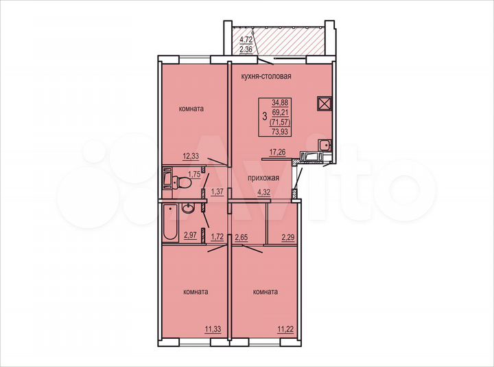 3-к. квартира, 71,6 м², 3/10 эт.