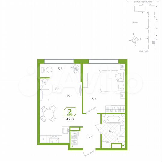 2-к. квартира, 42,8 м², 8/25 эт.