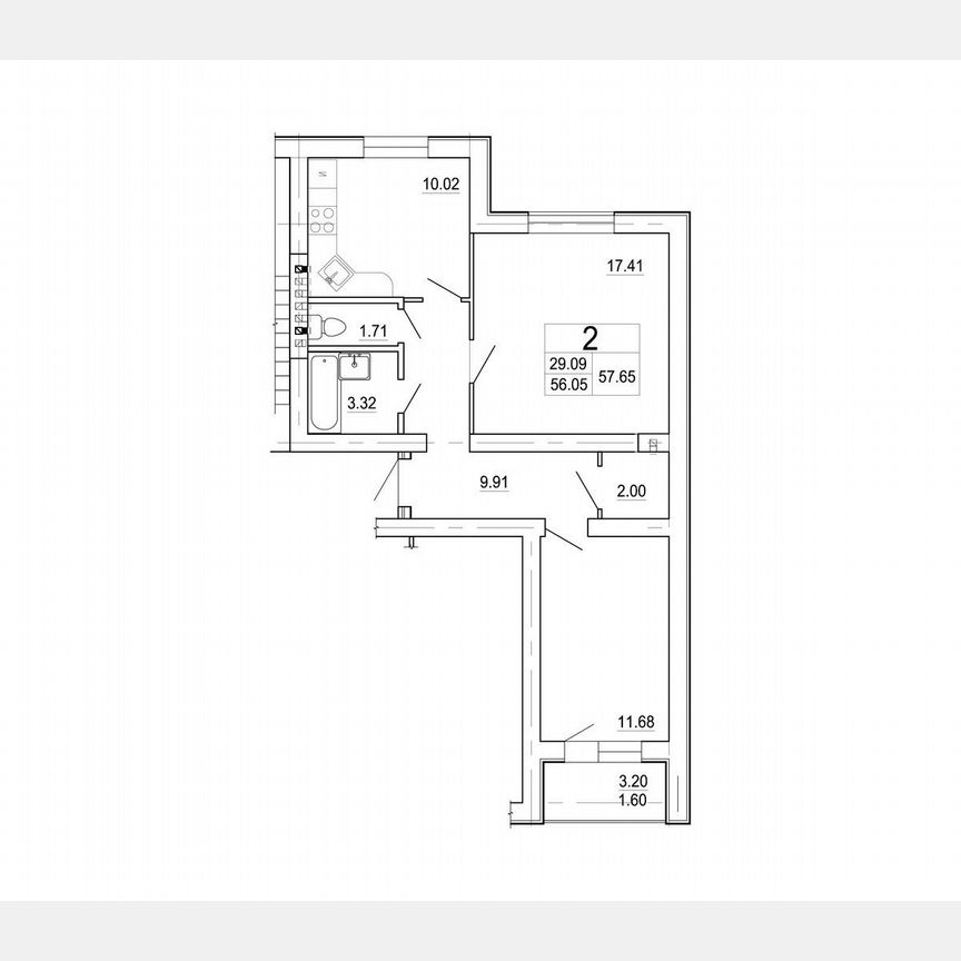 2-к. квартира, 57,7 м², 3/3 эт.