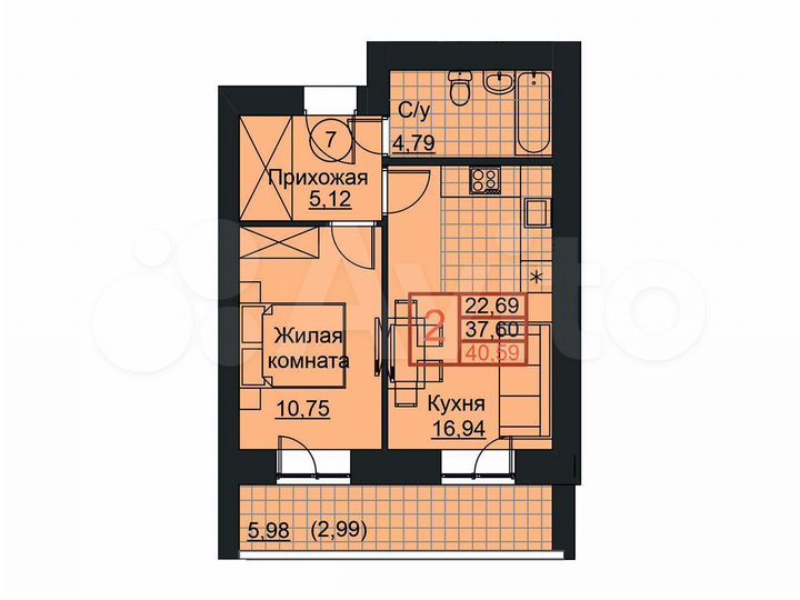 2-к. квартира, 40,6 м², 1/19 эт.