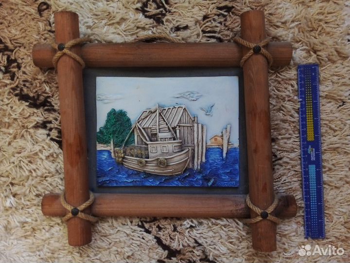 Корабль. Море. Плакетка фарфор. В рамке