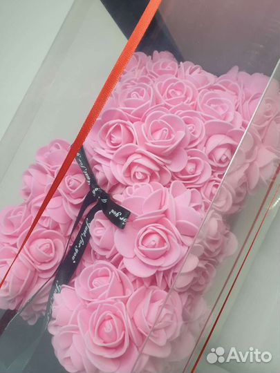Мишка из роз 30 см розовый в коробке