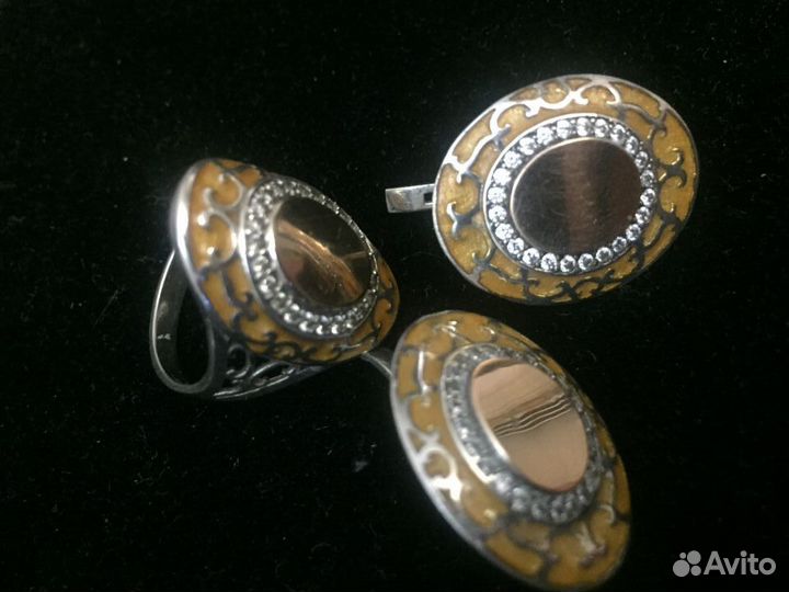 Кольцо серьги серебро 925пр. золото 375пр. фианиты