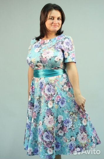 Платье бирюзовое в цветы (жаккард)