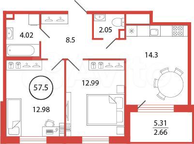 2-к. квартира, 57,5 м², 2/12 эт.