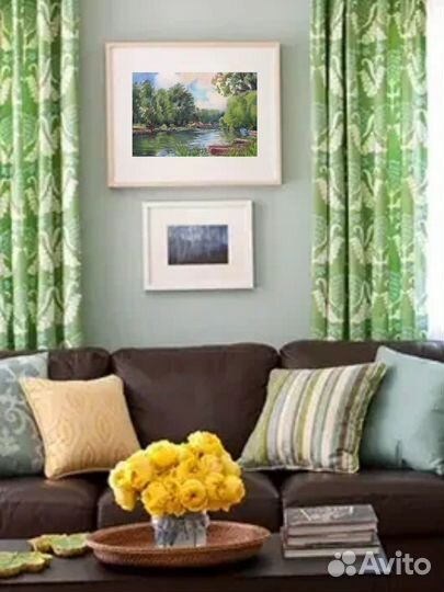 Картина акварель пейзаж озеро лодки рыбалка