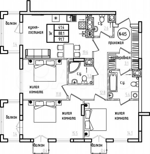 3-к. квартира, 91,7 м², 5/9 эт.