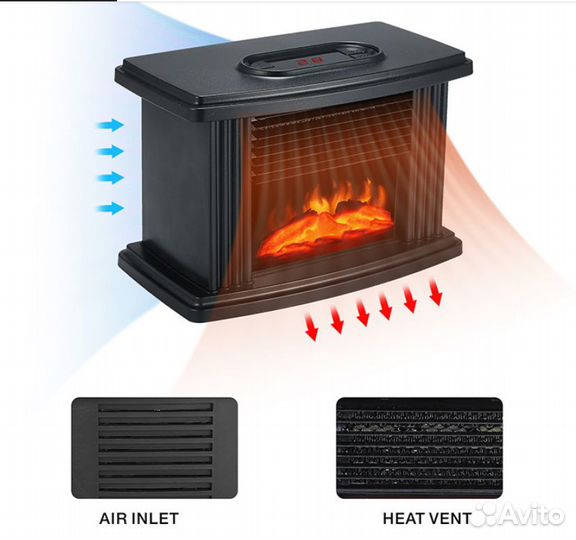 Обогреватель мини камин для дома с пламенем 1000вт