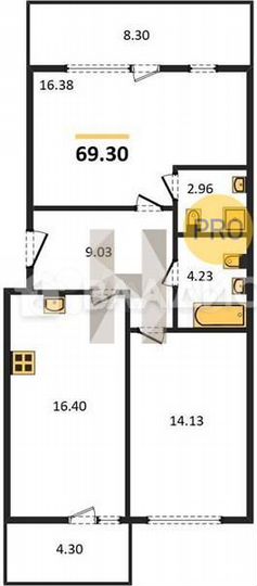 2-к. квартира, 69,3 м², 1/9 эт.