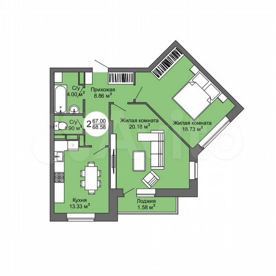 2-к. квартира, 68,6 м², 10/17 эт.