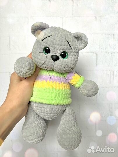 Кот вязаный, плюшевый кот ручной работы