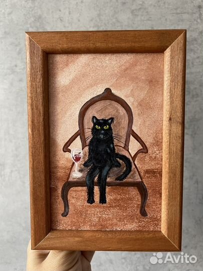 Картина кот с вином на кресле 10х15 картон