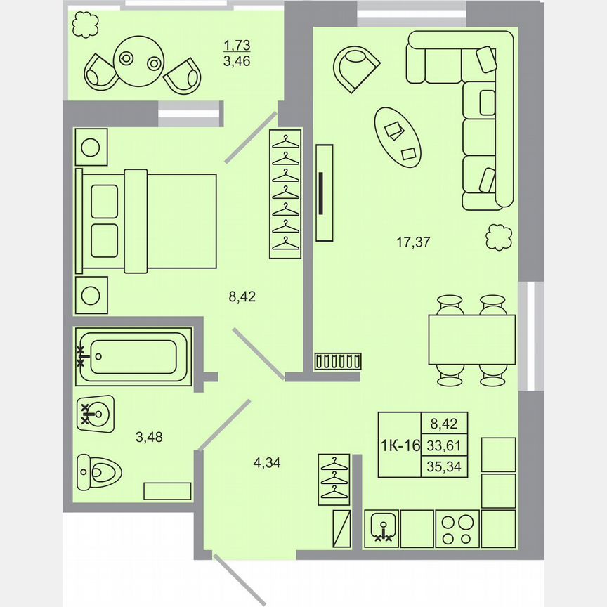 1-к. квартира, 35,3 м², 11/17 эт.