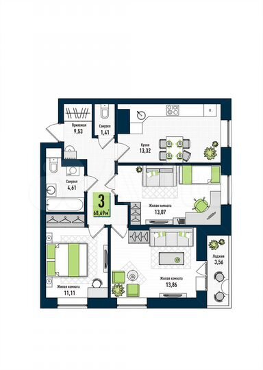 3-к. квартира, 68,7 м², 10/17 эт.