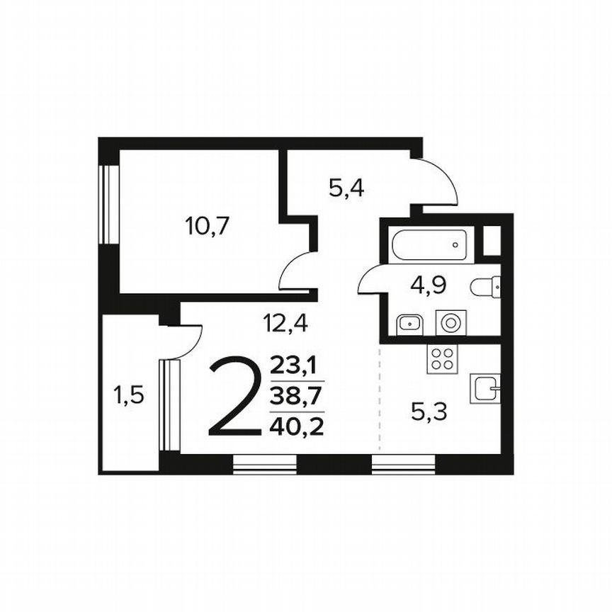 2-к. квартира, 40,2 м², 2/9 эт.