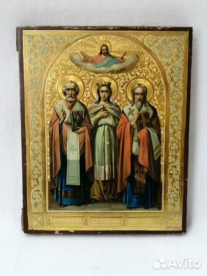 Икона Святой Николай, Екатерина и Василий.Живопись