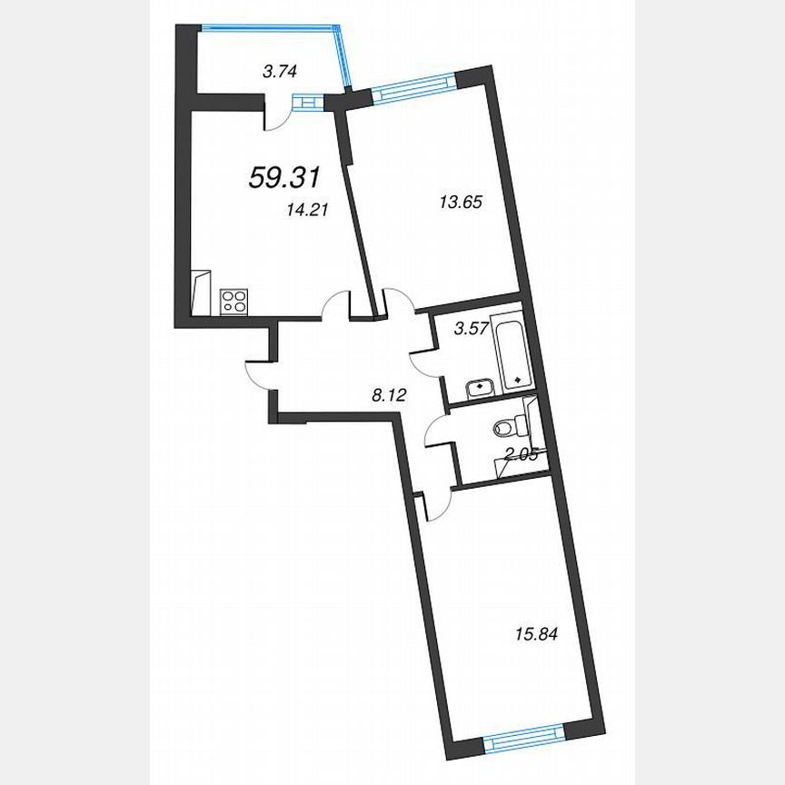2-к. квартира, 61,2 м², 3/22 эт.