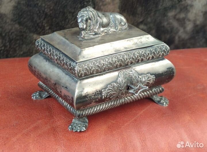 Шкатулка-ларец Лев антик серебро