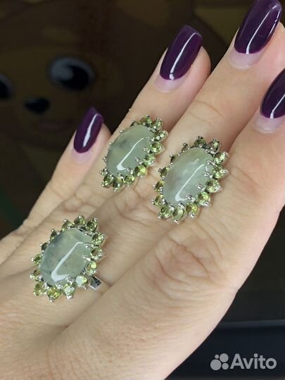 Хризолит,Пренит,комплект,кольцо 19 р