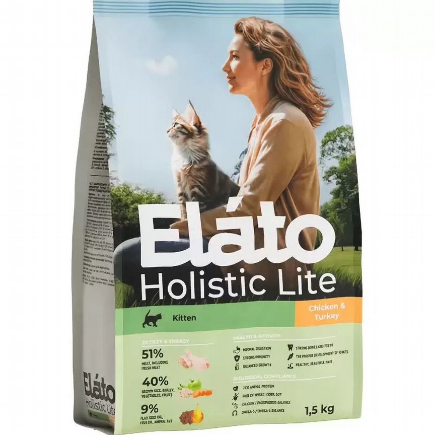 Сухой корм Elato Holistic Lite для котят, беременных и кормящих кошек с курицей и индейкой - 1,5 кг