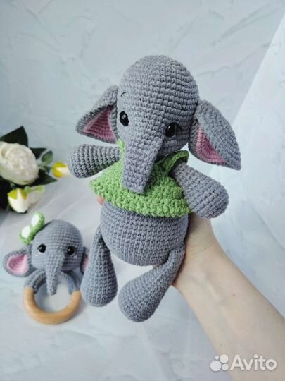 Вязаный слон, погремушка слоник (набор)