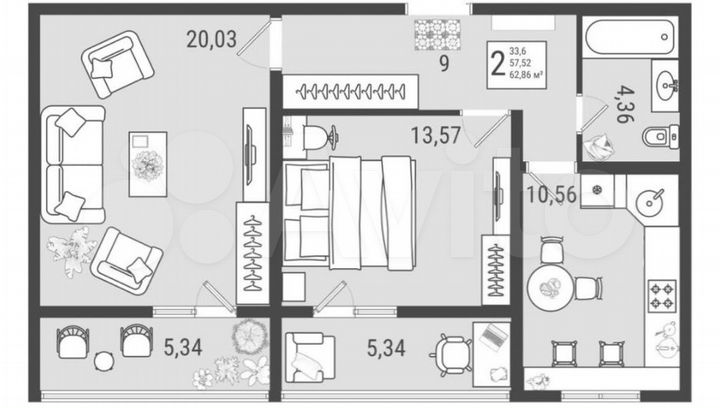 2-к. квартира, 62,9 м², 9/9 эт.