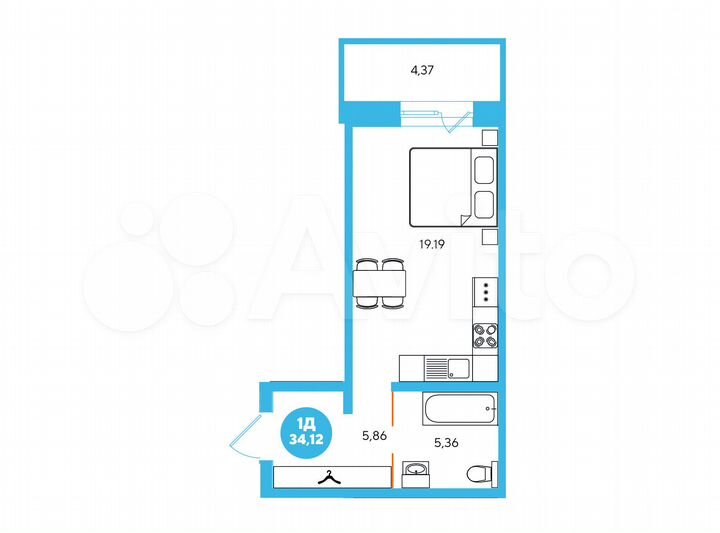 Квартира-студия, 34,1 м², 3/15 эт.