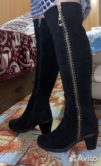Зимние сапоги ботфорты, натуральная замша, размер