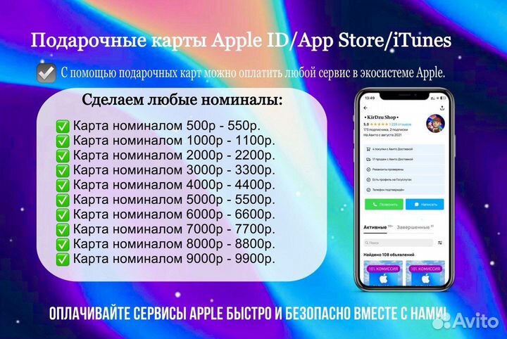 Подарочные карты оплаты App Store/iTunes/Apple ID