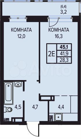 2-к. квартира, 45,1 м², 2/16 эт.