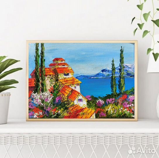 Морской пейзаж Город у моря Средиземноморье маслом