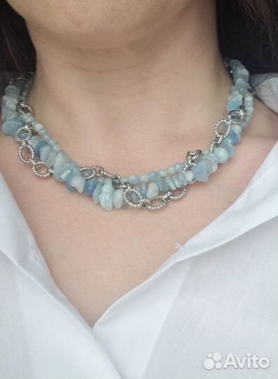 Многослойное колье из натурального аквамарина