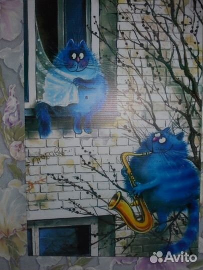 Панно Синие коты принт 46х32 см подрамн дерев