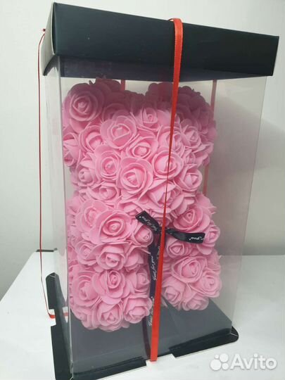 Мишка из роз 30 см розовый в коробке