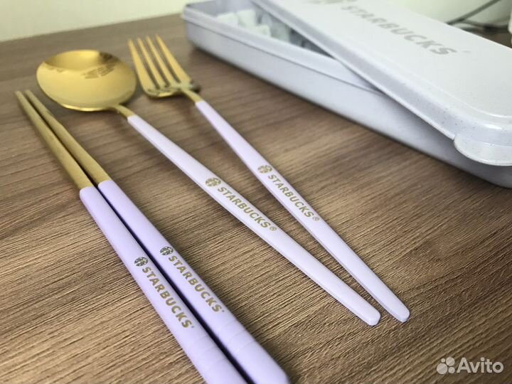 Фиолетовый набор Starbucks ложка вилка палочек