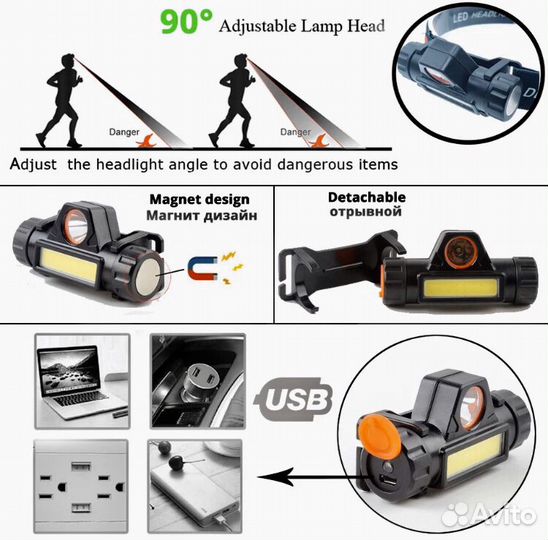 Налобный фонарь 2 режима на акккумуляторе