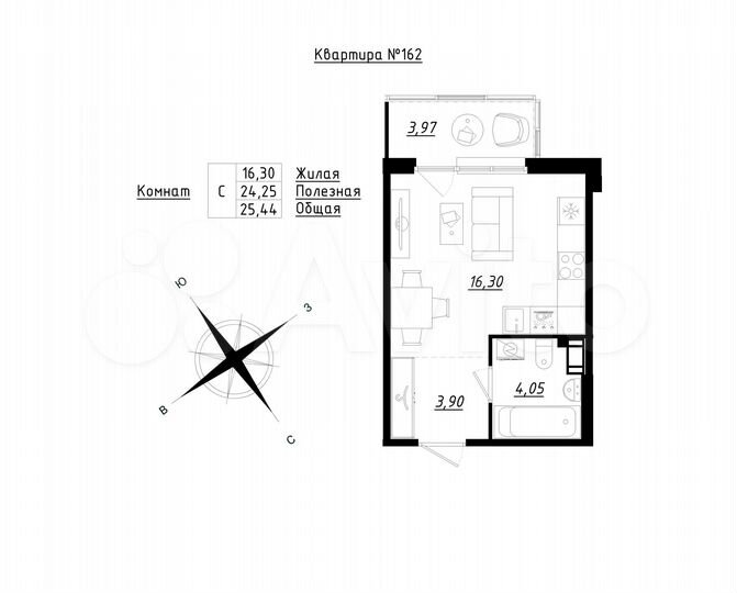 Квартира-студия, 25,4 м², 4/5 эт.