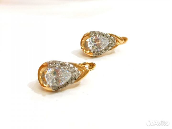 Серьги капельки, фианиты, покрытие золото