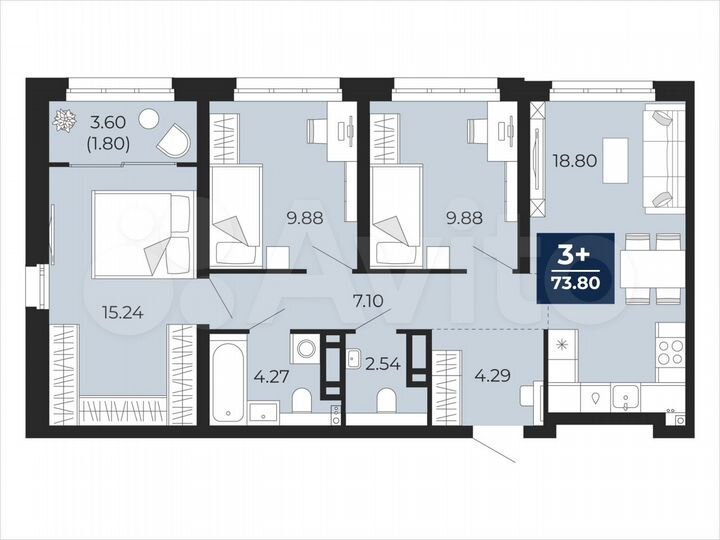 3-к. квартира, 73,8 м², 8/22 эт.