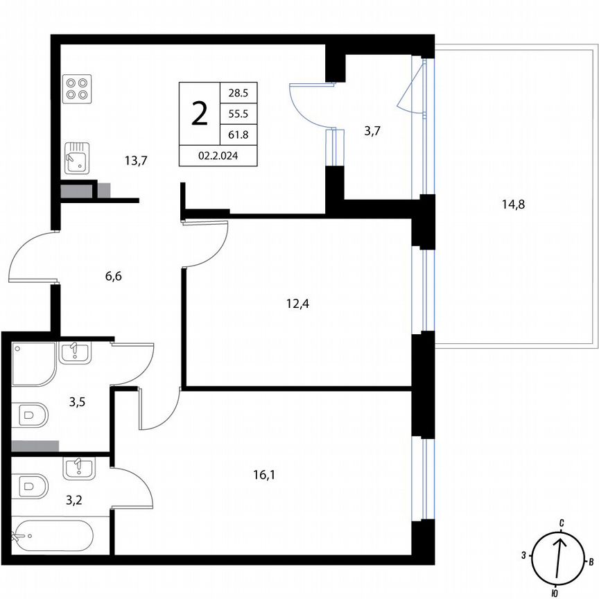 2-к. квартира, 61,8 м², 1/3 эт.