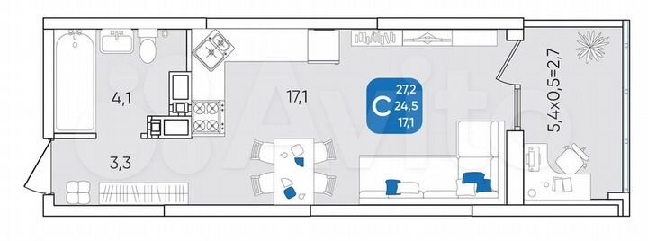 Квартира-студия, 26,6 м², 9/24 эт.