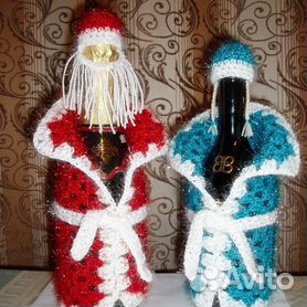 Вязаный Дед Мороз и Снегурочка на бутылку шампанского. Мастер-класс с пошаговыми фото