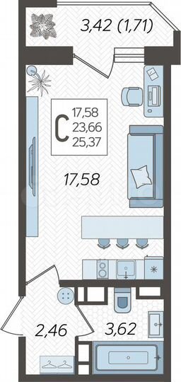 Квартира-студия, 25,4 м², 20/25 эт.