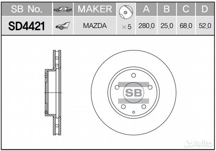 Диск тормозной передний серия:hi-q диаметр:280мм. mazda 3 седан (bm, bn), mazda 3 (bm, bn)